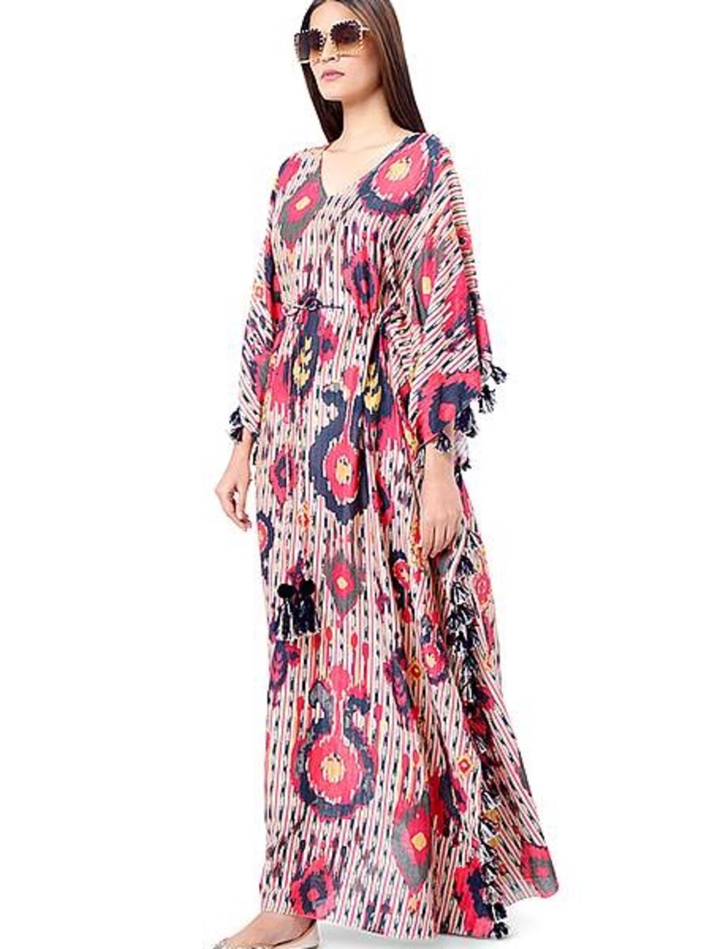 Payal Singhal Printed Boho KaftanTunic - Pink, Blue, Cream Tassel Fringe